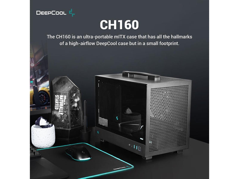 DeepCool CH160 Mini-ITX PC Case, High Airflow Mesh Panels, Full-Sized Air Cooler