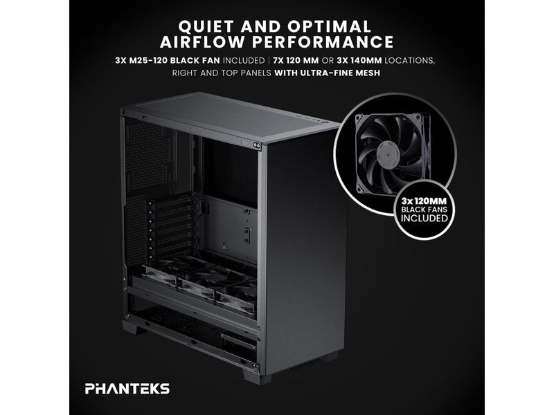 Phanteks XT Pro Silent, Mid-Tower Gaming Chassis, 3x M25-120 Black Fans