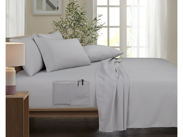 Rayon from Bamboo Blend 6-Piece Smart Sheet Set with Side Pockets - SILVER Like New