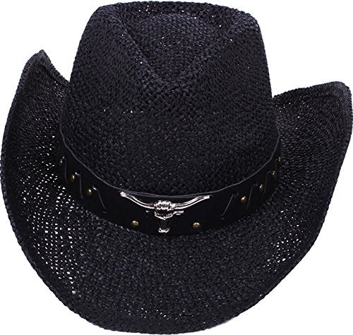 SIMPLICITY NEW WESTERN STYLE CLASSIC COWBOY STRAW HAT BLACK SIZE:OS - Like New