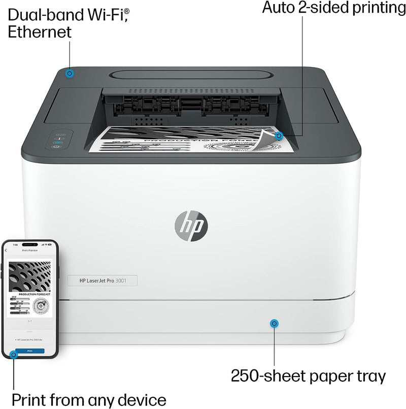 HP LaserJet Pro 3001dw Wireless Duplex Monochrome Laser Printer - White - Like New