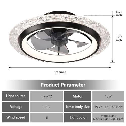 KINDLOV MODERN CEILING FAN LIGHTS, 19.7" FLUSH MOUNT, 6-SPEED, CLF233 - BLACK 01 - Like New