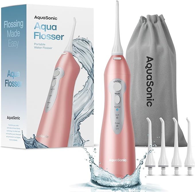 Aquasonic Aqua Flosser Professional Rechargeable Water Flosser 4 Tips Rose Gold - Like New