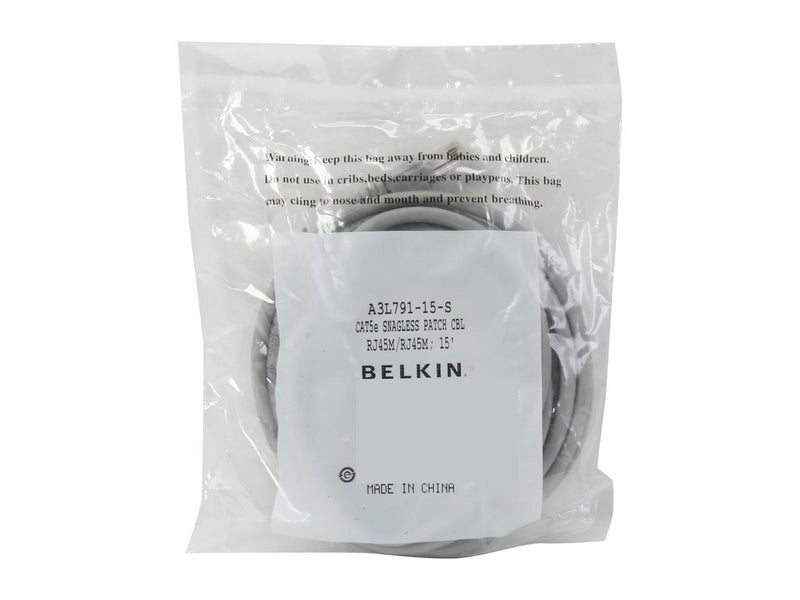 Belkin A3L791-15-S 15 ft. Cat 5E Gray Patch Cable CAT5e Snagless RJ-45M / RJ-45M