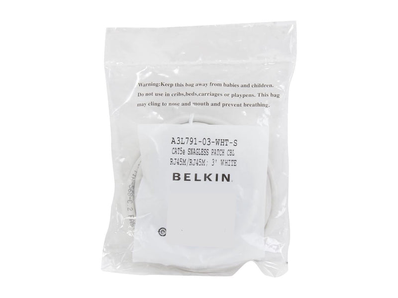 Belkin A3L791-03-WHT-S 3 ft. Cat 5E White UTP RJ45M/RJ45M Snagless Patch Cable