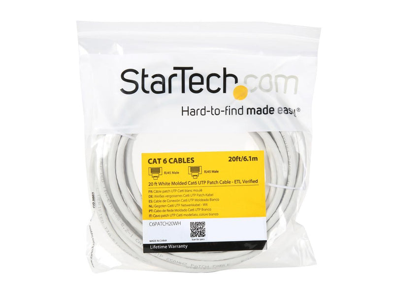 StarTech.com 20ft CAT6 Ethernet Cable - White CAT 6 Gigabit Ethernet Wire