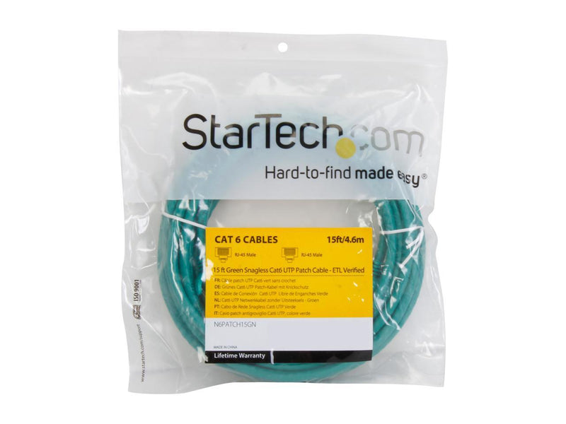 StarTech.com N6PATCH15GN 15 ft. Cat 6 Green Snagless UTP Patch Cable - ETL