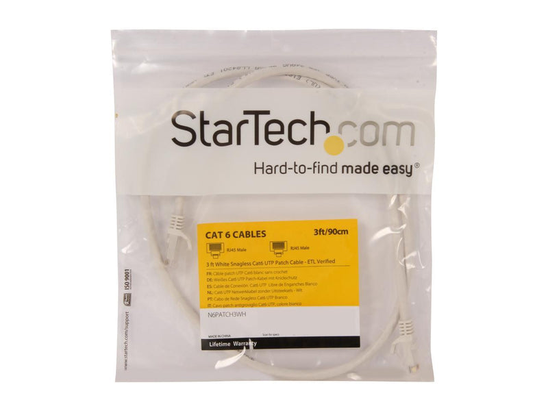 StarTech.com N6PATCH3WH 3 ft. Cat 6 White Snagless UTP Patch Cable - ETL