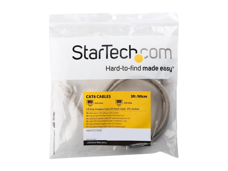 StarTech.com N6PATCH3GR 3 ft. Cat 6 Gray Snagless UTP Patch Cable - ETL Verified