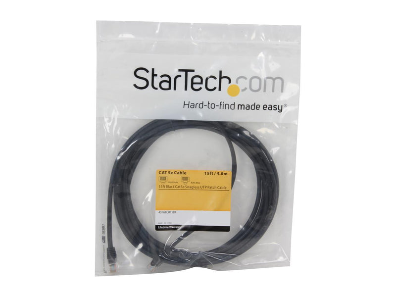 StarTech.com 45PATCH15BK 15 ft. Cat 5E Black Cat5e Snagless Patch Cable