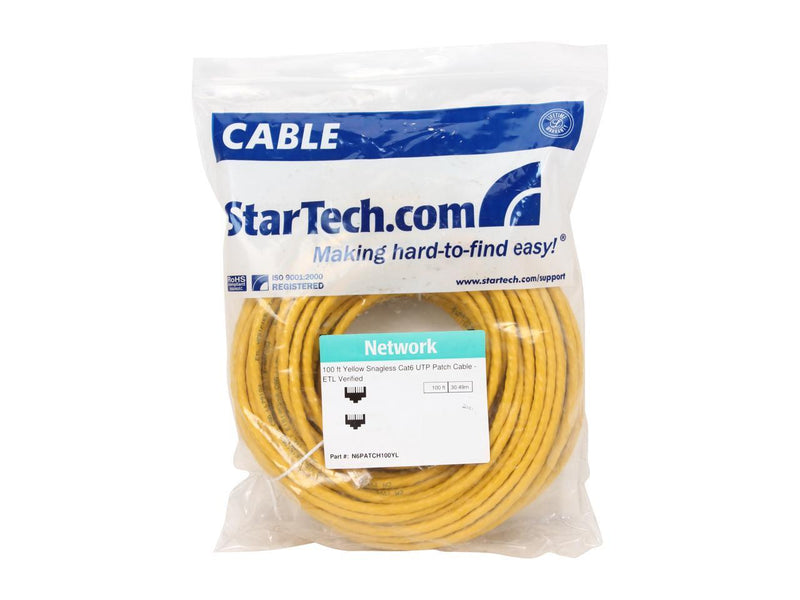 StarTech.com N6PATCH100Y 100 ft. Cat 6 Yellow Snagless UTP Patch Cable - ETL