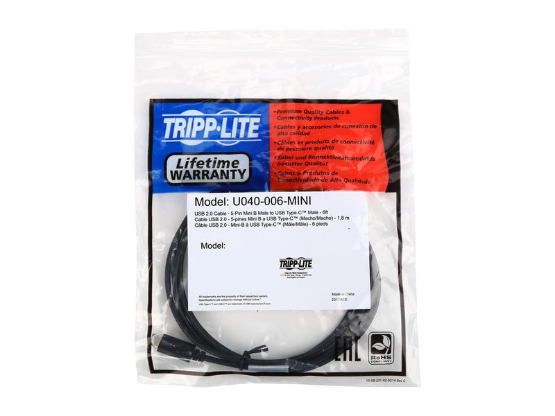 Tripp Lite U040-006-MINI 6 ft. Black USB 2.0 Hi-Speed Cable (5-Pin Mini-B Male