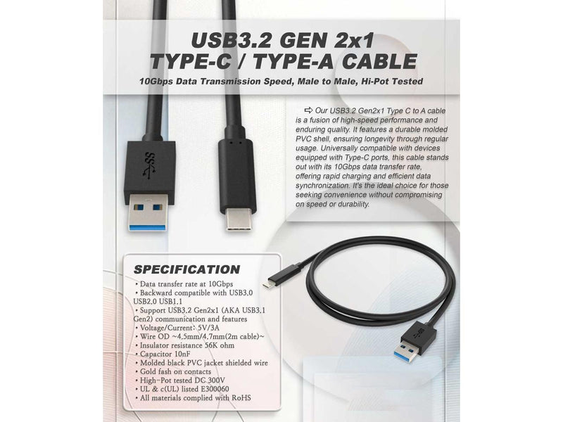 Nippon Labs 6 inch. USB Type C 3.2 Gen 2 Male to Type A Male Cable,10G, 3A,