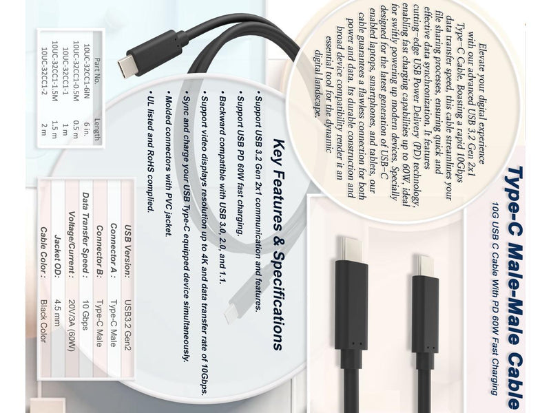 Nippon Labs 1.5 Meters USB 3.2 Gen 2x1 10G Type-C Male to Male Cable With USB PD