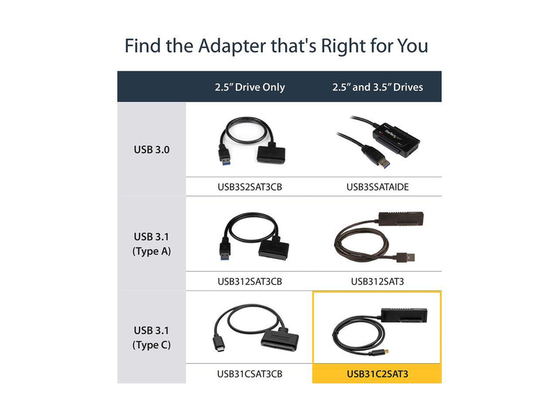 StarTech USB31C2SAT3 USB C to SATA Adapter Cable - for 2.5 / 3.5” SATA Drives -