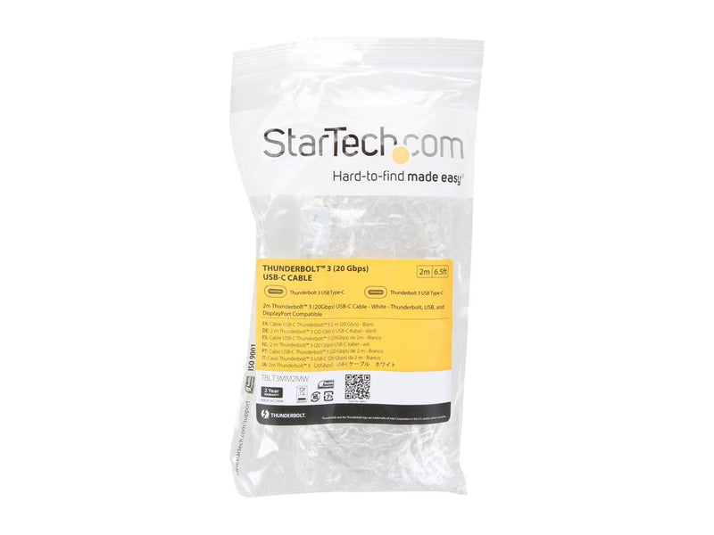 StarTech.com TBLT3MM2MW Thunderbolt 3 Cable - 6 ft / 2m - White - 4K 60Hz - USB