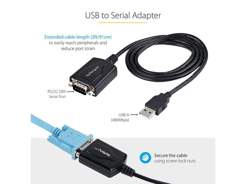 StarTech.com 3ft (1m) USB to Serial Cable with COM Port Retention - DB9 Male