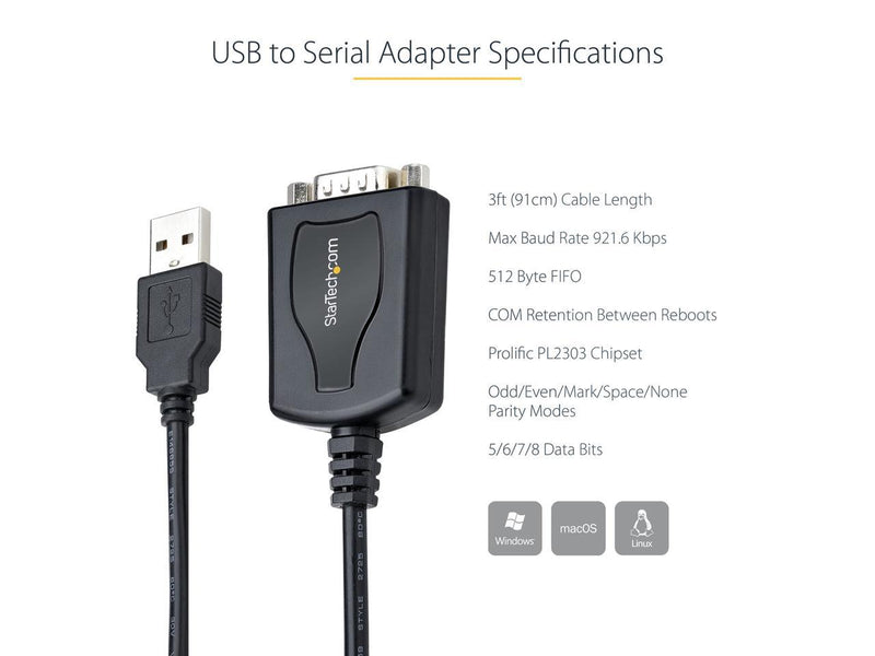 StarTech.com 3ft (1m) USB to Serial Cable with COM Port Retention - DB9 Male