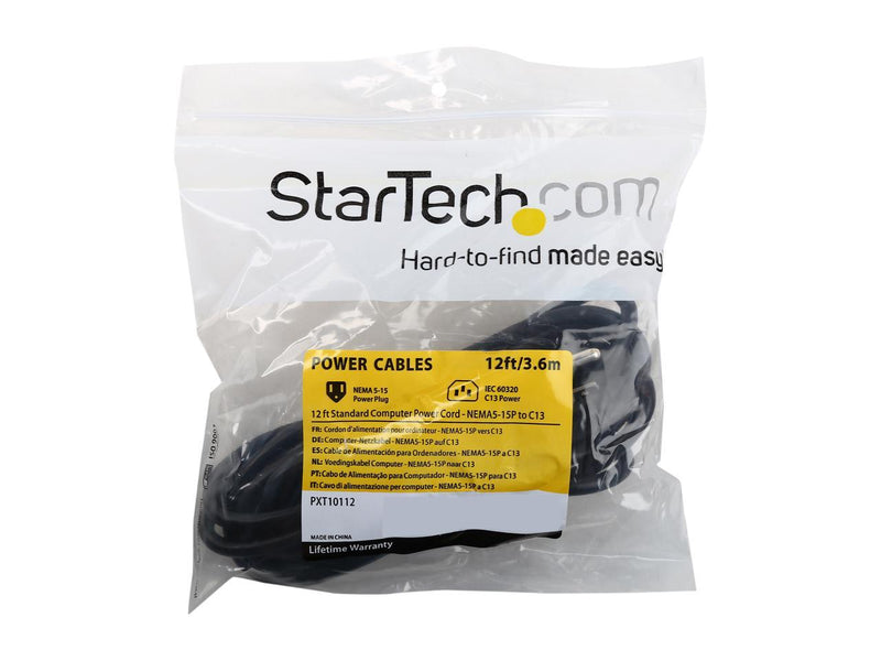 StarTech.com 12ft (3.6m) Computer Power Cord, NEMA 5-15P to C13, 10A 125V