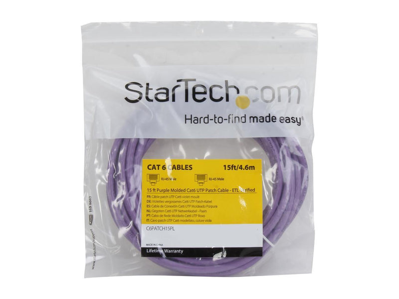 StarTech.com C6PATCH15PL 15 ft. Cat 6 Purple Molded UTP Gigabit Patch Cable