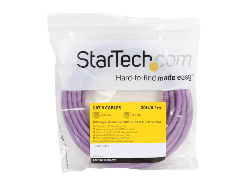 StarTech.com C6PATCH20PL 20 ft. Cat 6 Purple Molded RJ45 UTP Gigabit Cat6 Patch