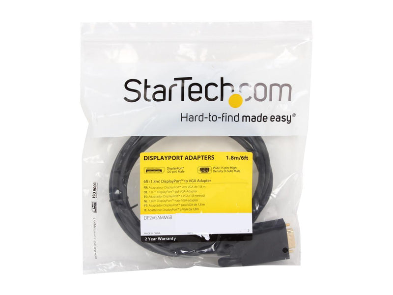 StarTech.com DP2VGAMM6B 6 ft. Black DisplayPort (20 pin) Latching to  VGA (15