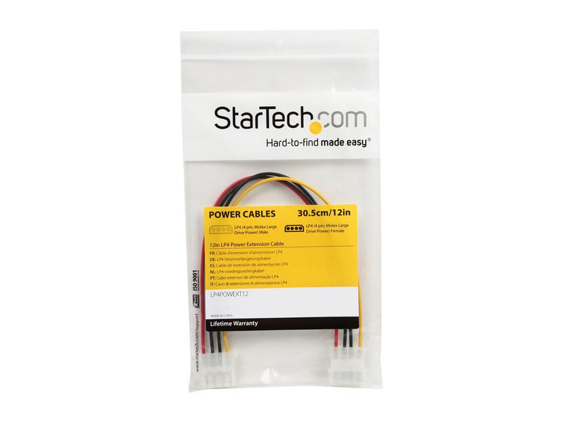 StarTech.com Model LP4POWEXT12 12in Molex LP4 Power Extension Cable – M/F Male