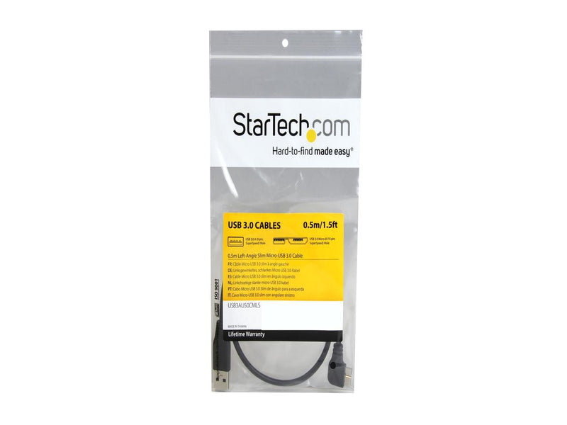 StarTech.com 0.5m 20in Slim Micro USB 3.0 Cable - M/M - USB 3.0 A to Left-Angle