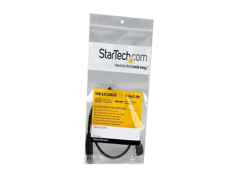 StarTech.com 0.5m 20in Slim Micro USB 3.0 Cable - M/M - USB 3.0 A to Right-Angle