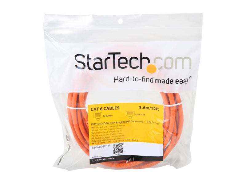 StarTech N6PATCH12OR Cat6 Patch Cable 12 ft. Orange Ethernet Cable Snagless RJ45
