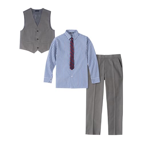 IZOD BOYS' 4-PIECE SET WITH COLLARED DRESS SHIRT, TIE, SIZE: 6, MEDIUM BLUE/GRAY - Brand New