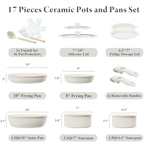 BAZOVA BZ101 CERAMIC NONSTICK COOKWARE SET, 17-PIECES, REMOVABLE HANDLES - WHITE - Like New