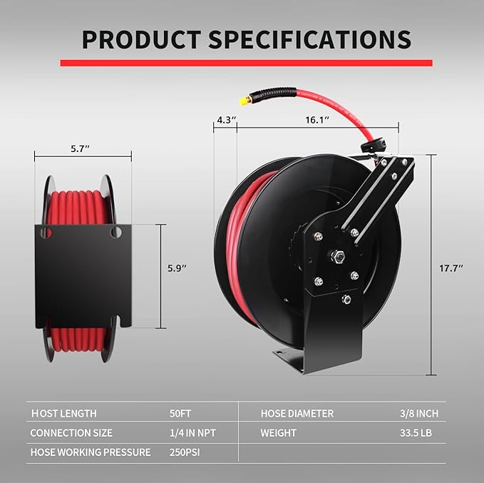 MaxWorks 80720 50ft Auto Rewind Retractable Reel 3/8" x 50' Air Hose - Black/Red Like New