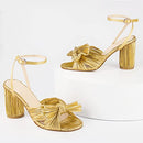 MUCCCUTE Women's Bow Knot Heeled Sandals Ankle Buckle Strap Chunky Heeled - Gold - Like New