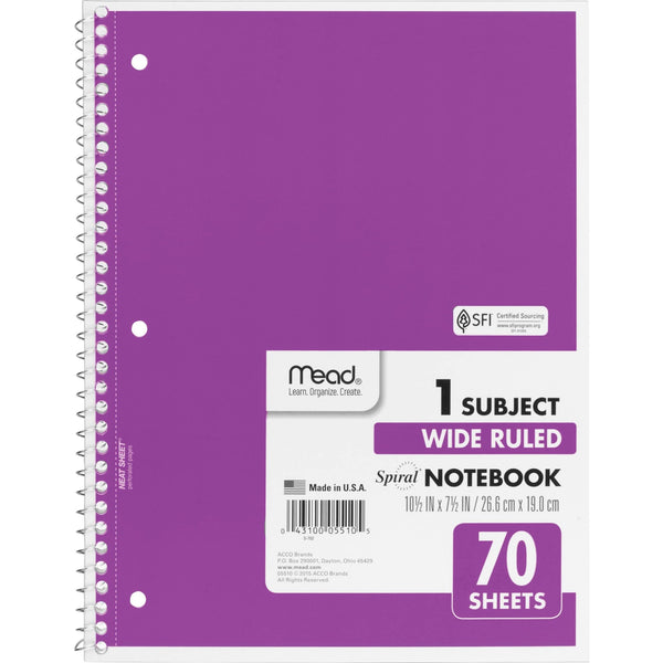 MEAD SPIRAL NOTEBOOK, 1 SUBJECT, 7-1/2" X 10-1/2", (05510) - PURPLE - Brand New