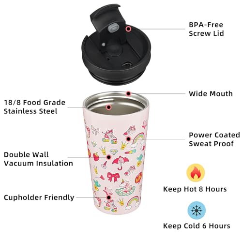 BJPKPK 18OZ INSULATED TUMBLER WITH LID AND STRAW STAINLESS STEEL - PINK UNICORNS - Like New