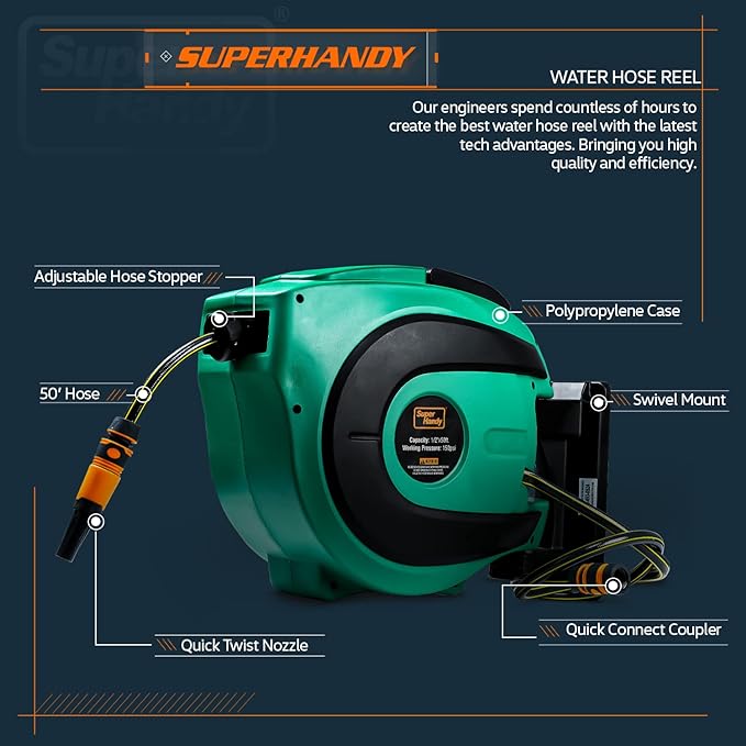 SuperHandy Water Hose Reel Retractable 1/2"x50' Feet PRO Flex - Green/Black - Like New