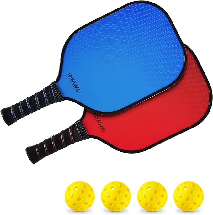 Boulder Pickleball Paddles Carbon Fiber Paddle Set 2 Racquets 4 Balls - Red/Blue Like New