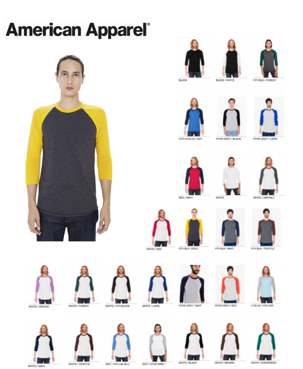BB453W American Apparel Unisex 3/4-Sleeve Raglan T-Shirt New