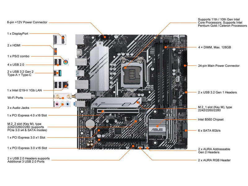 ASUS Prime B560M-A AC Intel B560 (LGA1200) mATX motherboard,PCIe 4.0,two