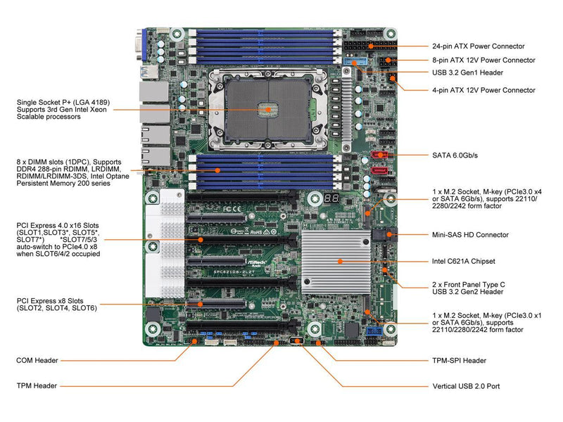 AsRock Rack SPC621D8-2L2T ATX Server Motherboard Single Socket P+ (LGA 4189)