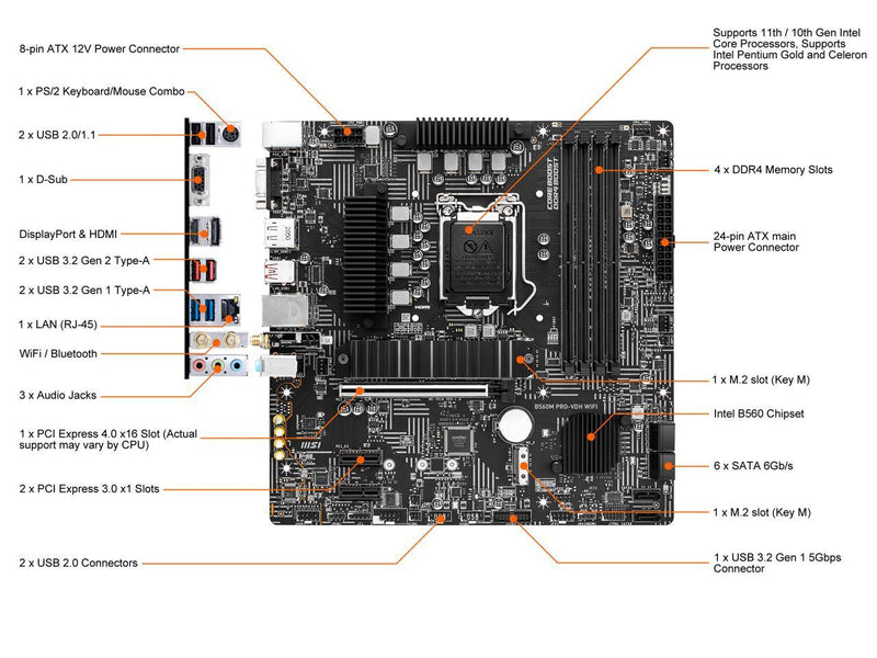 MSI B560M PRO-VDH WIFI LGA 1200 Intel B560 SATA 6Gb/s Micro ATX Intel