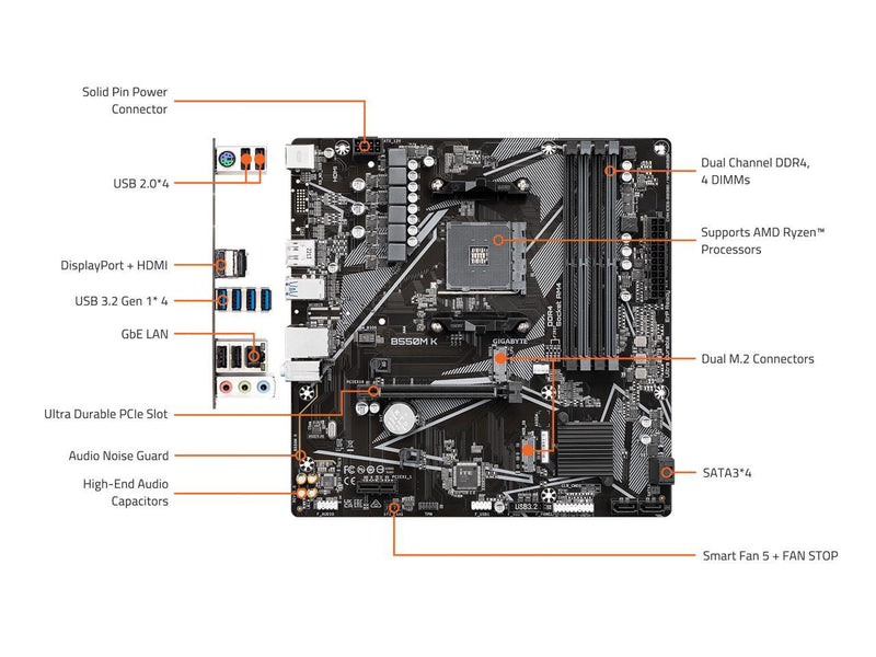 GIGABYTE B550M K AM4 AMD B550 Micro-ATX Motherboard with Dual M.2, SATA 6Gb/s,