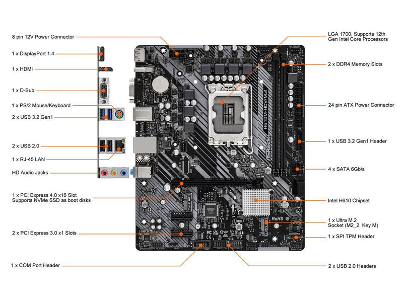 ASRock H610M-HDV/M.2 LGA 1700 Intel H610 SATA 6Gb/s DDR4 Micro ATX Motherboard