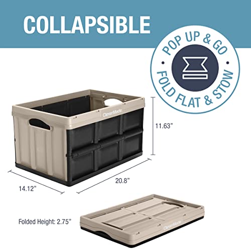 CLEVERMADE COLLAPSIBLE STORAGE BINS - TAN 3 PACK 46L - STACKABLE CONTAINERS - Like New