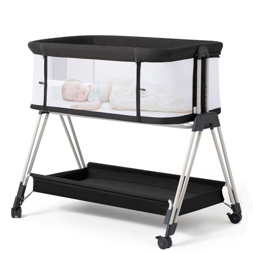 FODOSS BABY BASSINET BEDSIDE SLEEPER WITH WHEELS AND STORAGE TRAY - DARK GREY - Like New