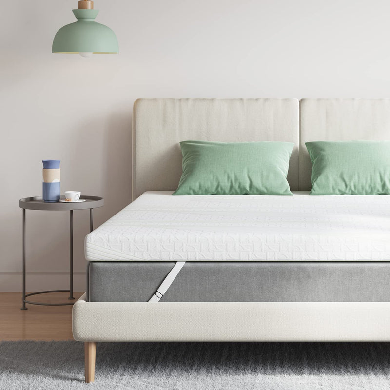 NOVILLA 4 INCH MEMORY FOAM MATTRESS TOPPER QUEEN NON-SLIP DESIGN WHITE/GREEN - Brand New