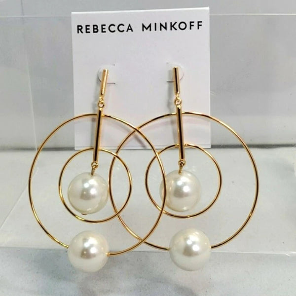 REBECCA MINKOFF DROP FRONT FACING HOOP EARRINGS ONE SIZE - GOLD AND PEARL - Brand New
