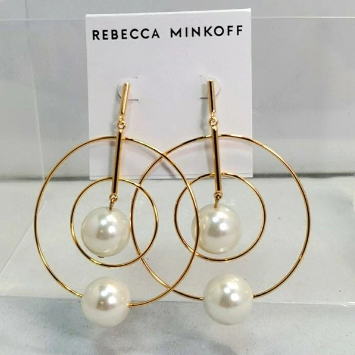 REBECCA MINKOFF DROP FRONT FACING HOOP EARRINGS ONE SIZE - GOLD AND PEARL - Brand New