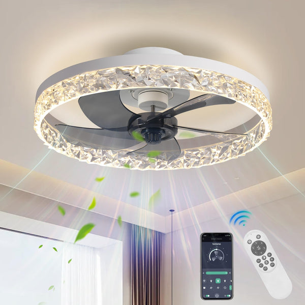 AHAWILL CRYSTAL CEILING FANS WITH LIGHTS, 19.7" FLUSH MOUNT CEILING FAN - WHITE - Like New